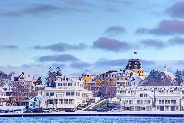 Watch Hill Rhode Island waterfront with Victorian-style houses and Atlantic Ocean view in winter
