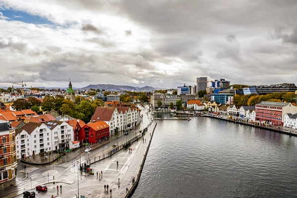 Aerial view of Stavanger harbor and colorful historic buildings along the waterfront, Norway