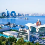 Baku skyline with Caspian Sea waterfront and Heydar Aliyev Center in Azerbaijan