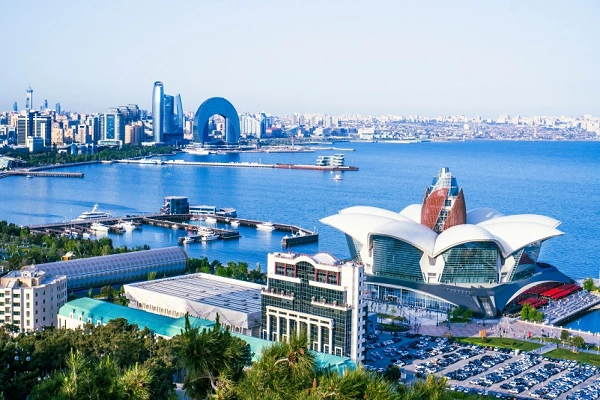 Baku skyline with Caspian Sea waterfront and Heydar Aliyev Center in Azerbaijan
