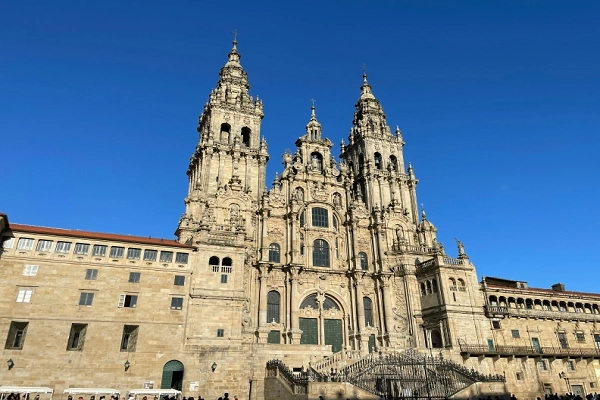 Facade of the Cathedral of Santiago de Compostela in Galicia, Spain, the destination of the Camino de Santiago pilgrimage route
