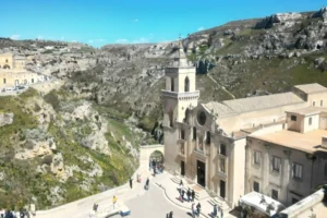 Sassi di Matera cave houses and historic church in Matera Italy carved into limestone cliffs