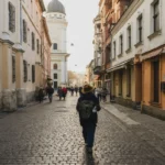 Solo traveler walking alone on cobblestone street in a historic European city, exploring walkable and safe travel destination in Europe