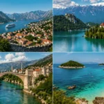 Underrated European destinations collage featuring Kotor Bay, Lake Bled, Mostar Bridge, and Albanian Riviera beach