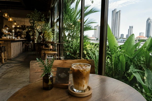 Coffee served inside a modern Bangkok cafe with tropical greenery and city skyline views in Thailand
