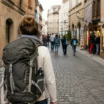 Female backpacker walking on a cobblestone street in Europe with a travel backpack, exploring a historic city during a backpacking trip