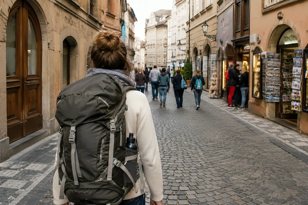 Female backpacker walking on a cobblestone street in Europe with a travel backpack, exploring a historic city during a backpacking trip