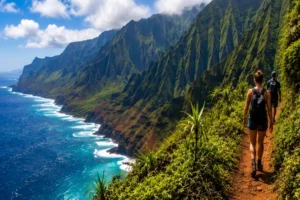 Hikers walking along the Kalalau Trail overlooking the dramatic Na Pali Coast in Kauai, Hawaii