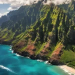 Aerial view of Kauai’s Na Pali Coast with emerald cliffs, turquoise ocean, and hidden waterfall