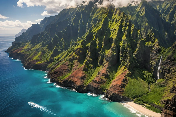 Aerial view of Kauai’s Na Pali Coast with emerald cliffs, turquoise ocean, and hidden waterfall