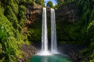 Twin waterfalls cascading into a turquoise pool surrounded by lush green jungle in Kauai, Hawaii