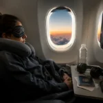 Traveler sleeping on a long haul flight with neck pillow, eye mask, headphones, and travel essentials beside an airplane window