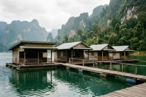 Row of wooden floating raft houses anchored along the lake shore in Khao Sok