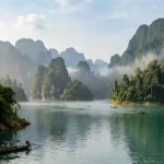 Scenic view of Cheow Lan Lake with towering limestone cliffs and longtail boats