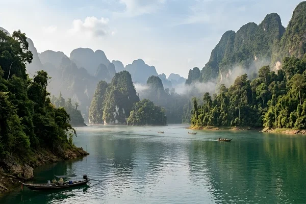 Scenic view of Cheow Lan Lake with towering limestone cliffs and longtail boats