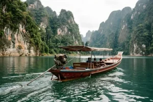 Travelers on a traditional longtail boat navigating through Cheow Lan Lake