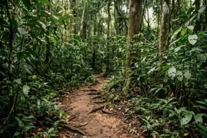 Shaded dirt hiking trail winding through dense green rainforest trees